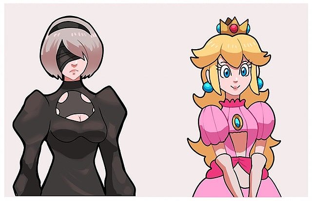 2B (Nier Automata) y Peach (Super Mario Bros)