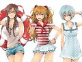 Mari Makinami, Asuka Langley y Rei Ayanami (Evange