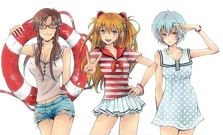 Mari Makinami, Asuka Langley y Rei Ayanami (Evange