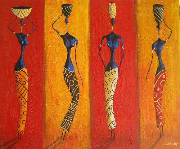 mujeres masai,oleo y relieve sobre lienzo