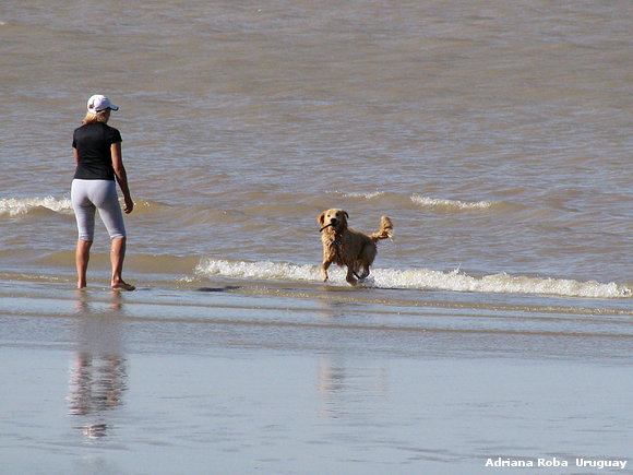 una señora y su perro, playa Santa Ana, Colonia