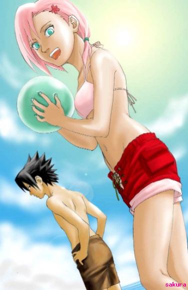 sakura en la playa con sasuke