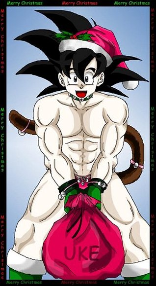GOKU DESNUDO CON GORRO DE PAPA NOEL TAPANDOSE CON