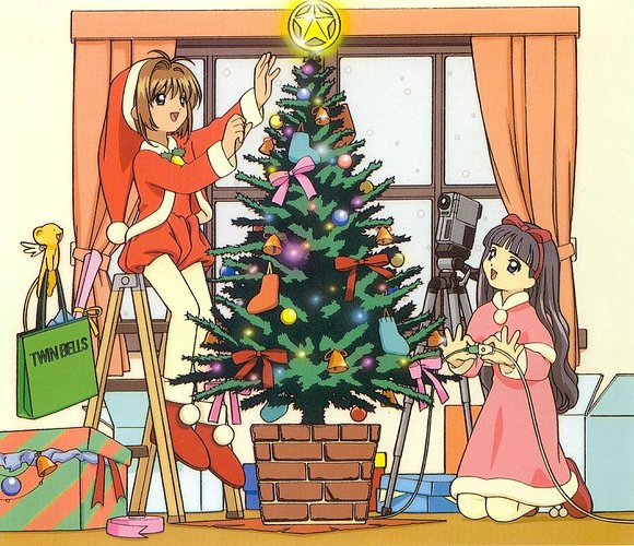 sakura y tomoyo  arreglando en arbol de navidad